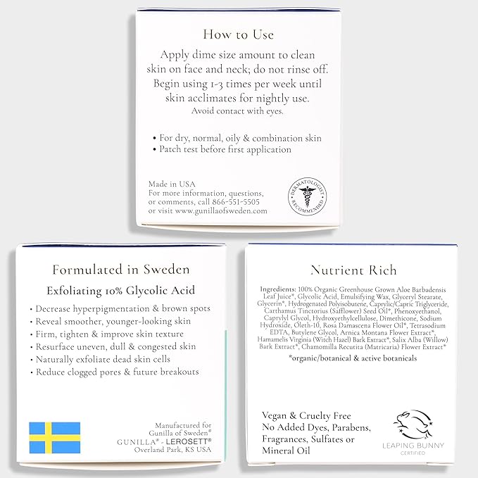 GUNILLA Glycolic Acid Night Cream - Refine, Resurface & Reduce Fine Lines, Wrinkles, Dark Spots, Congested Pores While Brightening Complexion. Gentle - Natural - Vegan (2 oz)