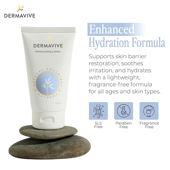 Dermavive Oatmeal Moisturizing Lotion for Dry, Sensitive Skin – Colloidal Oatmeal pH-Balanced Hydrating Face & Body Moisturizer – For Kids, Teens & Adults, 120ml (4.05 fl oz)