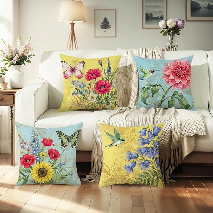 wyooxoo Spring Summer Pillow Covers 18x18 Set of 4 Decorative Throw Pillow Covers Linen Flower Butterfly Farmhouse Pillowcases for Sofa Couch Living Room Outdoor