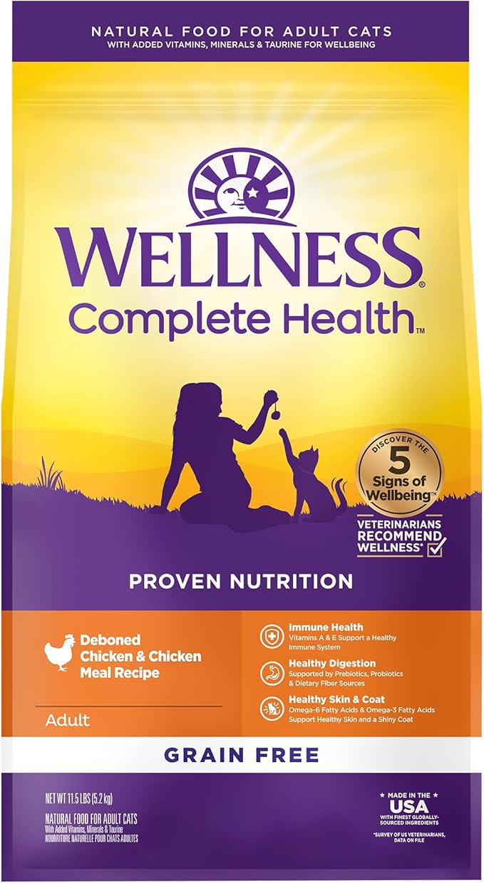 Wellness Complete Health Adult Dry Cat Food, Natural, Grain Free Kibble, Chicken Recipe, 11.5 lb Bag