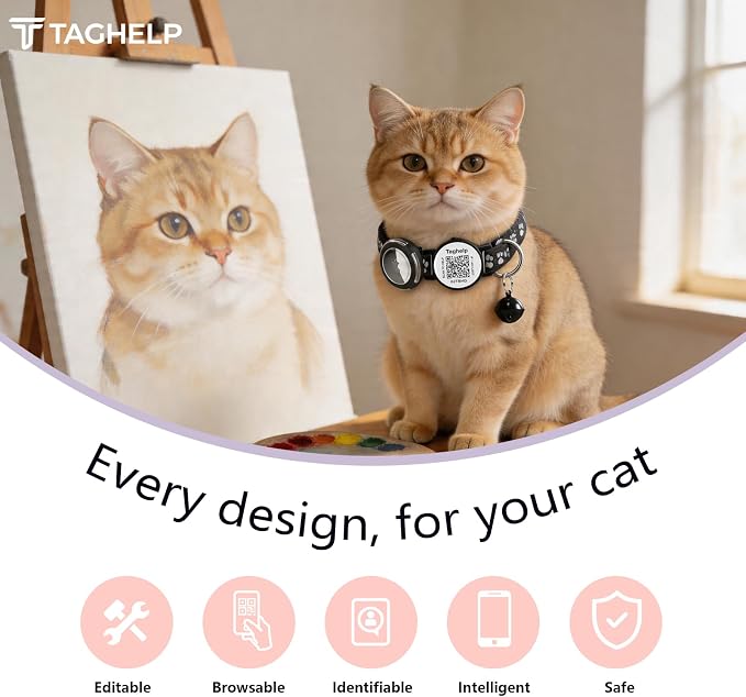 Waterproof Breakaway Cat Collar with Paw Prints - Secure AirTag Holder & Free QR Code Tag, Adjustable & Safe Kitten Collar for Apple Tracking (Black)