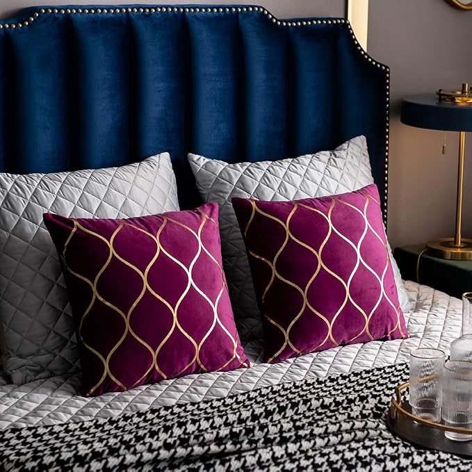Gold Velvet Throw Pillow Covers Purple: 2 Pack 16x16 Inch Square Decorative Pillow Cases for Bedroom Sofa Couch Living Room