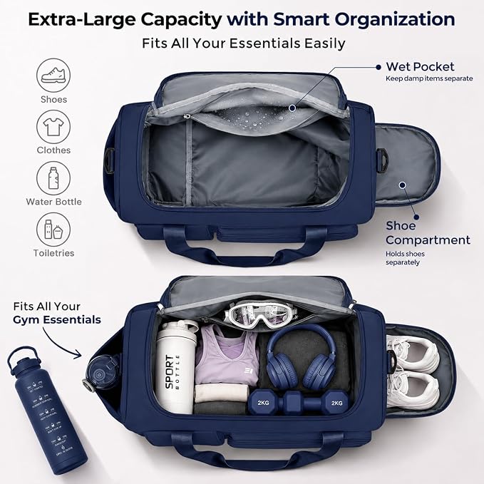 FIORETTO Women's Gym Duffle Bag with Shoes Compartment, 30L Capacity, Ideal for Travel, Gym, Sports, Duffel, Weekender