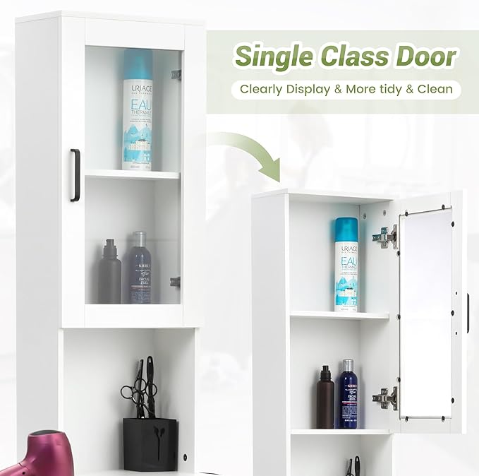 Salon Station for Hair Stylist,Hair Styling Storage Cabinet with Glass Door,Tool Dryer Holders, Salon Beauty Spa Barber Hair Staion, White
