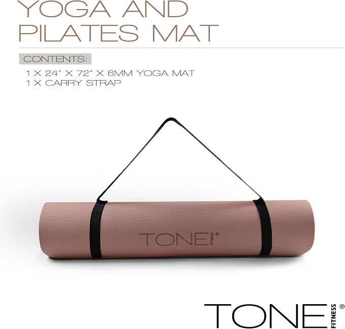 TONE Fitness Yoga Mat 1/4" Thick Non Slip Exercise & Pilates Mat for Home Workouts with Carrying Strap | Multiple Options