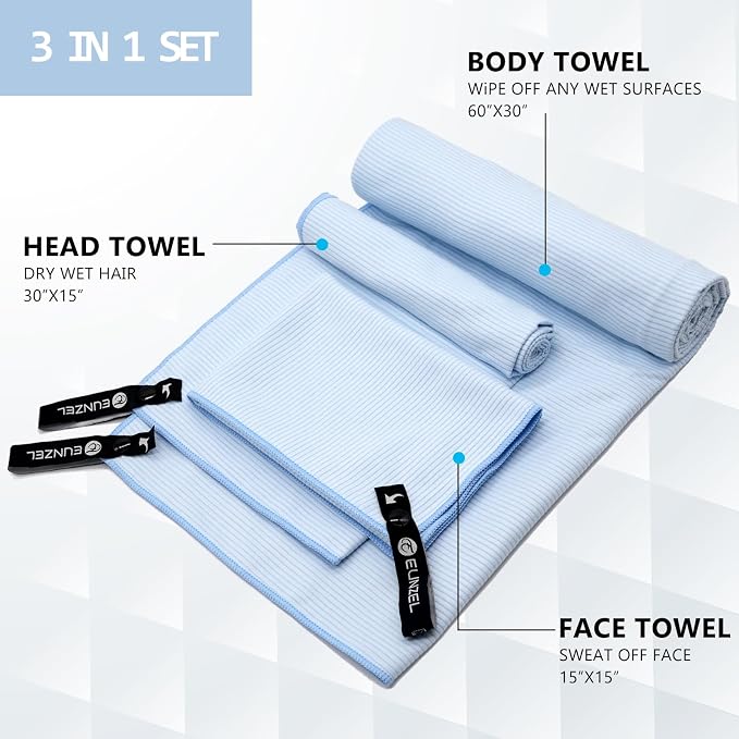 Eunzel Quick Dry Camping Towel, Microfibre Ribbed Towel Travel Towel 3 Sizes 1 Pack Fast Drying Towel Set for Camping, Beach, Gym, Sports, Yoga & Swimming Pool, Blue