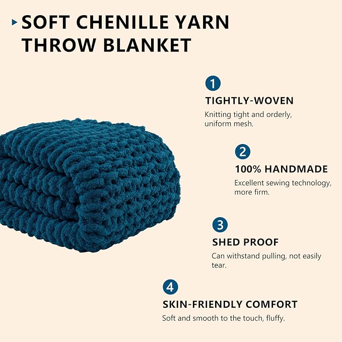 L'AGRATY Chunky Knit Throw Blanket for Couch, 72'' x 84'' Knit Throw, Blue | Handmade Chenille Crochet Blanket for Sofa Bed, Thick Cable Knitted Blankets for Room Home Decor, Birthday Gift for Women Mom