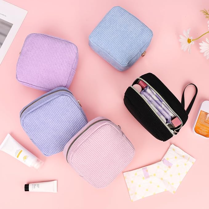 Corduroy Period Pouch Small Discreet Period Bag Sanitary Napkin Storage Bag Cute Menstrual Pad Pouch Tampon Bag for Purse Portable Zipper Makeup Bags for Women Ladies Purple