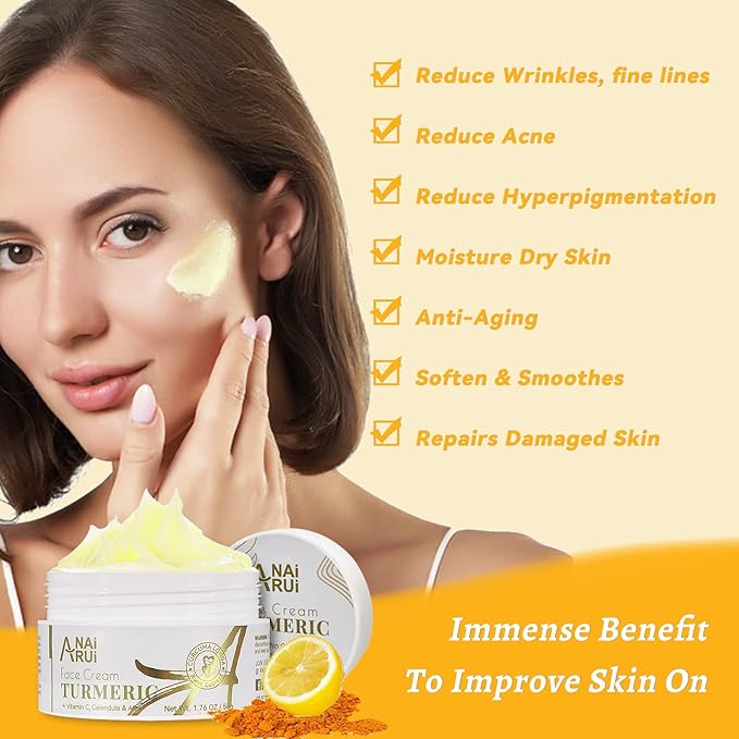 ANAI RUI Facial Moisturizer, Turmeric Face Cream with Vitamin C for Hydrating, Firming, Tightening Skin, Turmeric Vitamin C Cream for Dark Spots, Dry Skin, 1.76 OZ