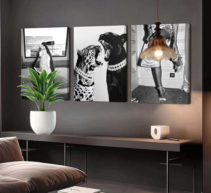 Bathroom Fashion Leopard Print Black and White Canvas Wall Art Trendy Women Posters Paintings Luxury Feminist Pictures Wall Decor for Bedroom Living Room Hallway Home Decoration 12×16 In Framed