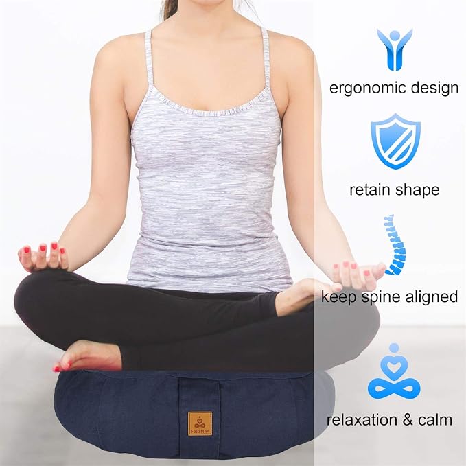 Round Zafu Meditation Cushion, D=15" H=5.5" Zabuton Meditation Pillow, Yoga Bolster/Pillow, Floor seat, Zippered Organic Cotton Cover, Natural Buckwheat, Kneeling Pillow