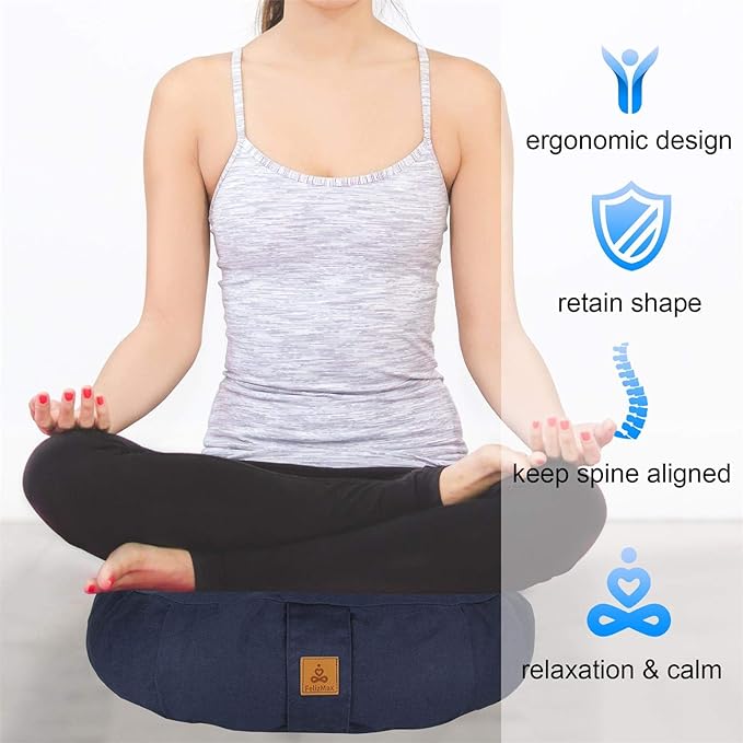 Crescent Zafu Meditation Pillow, D=17" W=11" H=5.5" Zabuton Yoga Bolster, Meditation Cushion, Floor Pouf Yoga Pillow Zippered Organic Cotton Cover Natural Buckwheat kneeling pillow - Large