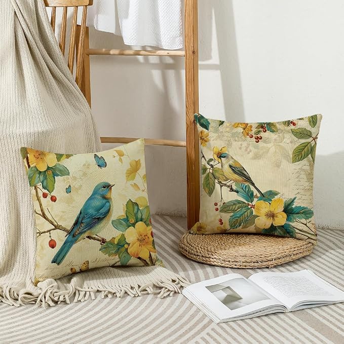 wyooxoo Spring Pillow Covers 18x18 Set of 4 Summer Farmhouse Throw Pillow Covers Floral Bird Decorative Cushion Cases for Sofa Couch Outdoor Bedroom