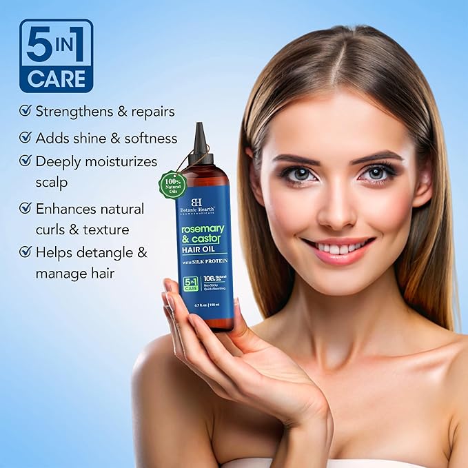 Botanic Hearth Hair Oil for Hair Growth & Hair Treatment Oils | Strengthening Dry, Frizzy, Damaged Hair & Scalp Treatment | Rosemary Castor Hair Oil – 6.7 Fl Oz
