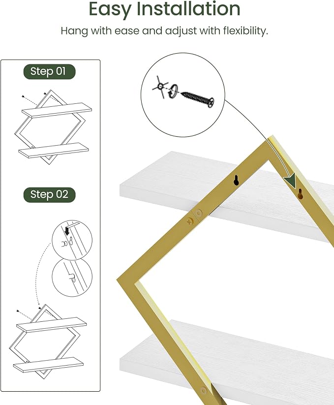 Floating Shelves for Wall, Set of 2 Wall Mounted Shelves, 2-Tier Hanging Shelves, for Living Room, Bedroom, Kitchen, Office, Study, Gold and White TBJ01P2JW