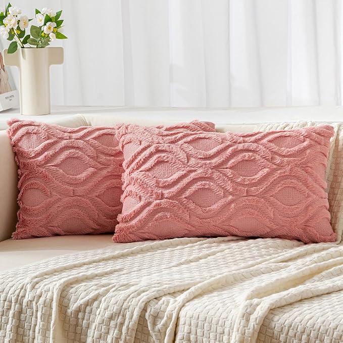 MIULEE Coral Red Soft Plush Faux Wool Lumbar Throw Pillow Covers 12x20 | Set of 2, Farmhouse Boho Home Decor, Decorative Cushion Covers for Sofa, Living Room, Bed