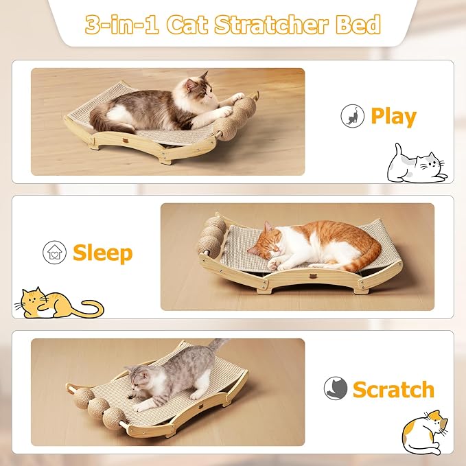 3 in 1 Sisal Cat Scratcher Bed, Solid Pine Cat Scratcher with Balls,Natural | Extra Large Cat Scratching Post with Hammock, Cat Scratcher for Scratch & Play & Rest, Cat Furniture for Indoor Cats, Kitten