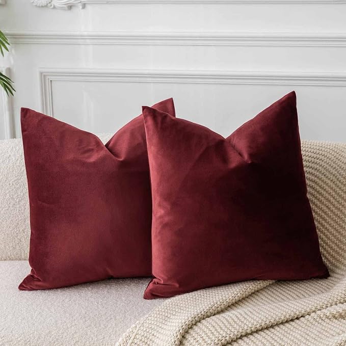 20x20 Decorative Velvet Throw Pillow Covers Set of 2 for Couch,Burgundy | Soft Cushion Cases with Invisible Zipper for Modern Sofa Bed Living Room Bedroom Home Decor Christmas