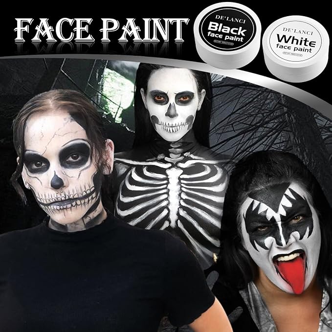 Black White Face Body Paint Halloween Foundation Gothic Makeup, CreamBlend Non Toxic Face Paint for Adult & kids Oli based Facepaint bodypainting Clown Zombie Vampire Skeleton SFX Mime Cosplay Makeup