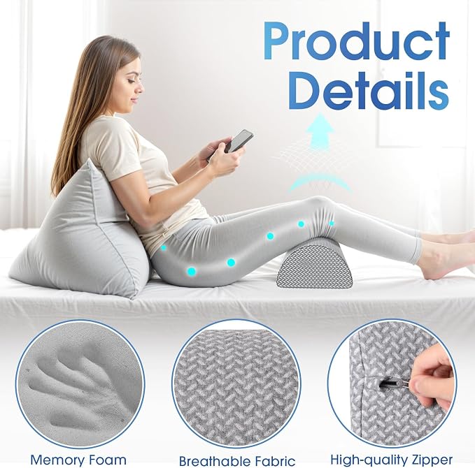 TranquilRelax Knee Pillow for Back Sleeping Memory Foam Half Moon Bolster Pillow for Legs, Under Knee Support, Ankle & Foot Comfort Orthopedic Pillow for Side Sleepers (Grey, 22" x 8.7" x 5.3")