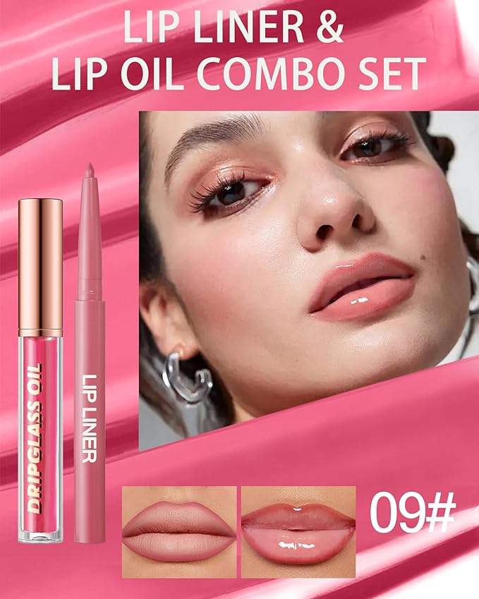 Matte Nude Lip Liner Lipstick&Pink Hydrating Glow Lip Oil Lip Combo Set,Moisturizing Plumping Lips Gloss&Smooth Lipliner Liquid Lipstick Long-Lasting,2 in 1 Women Tinted Liptint Stain Balm Makeup-09