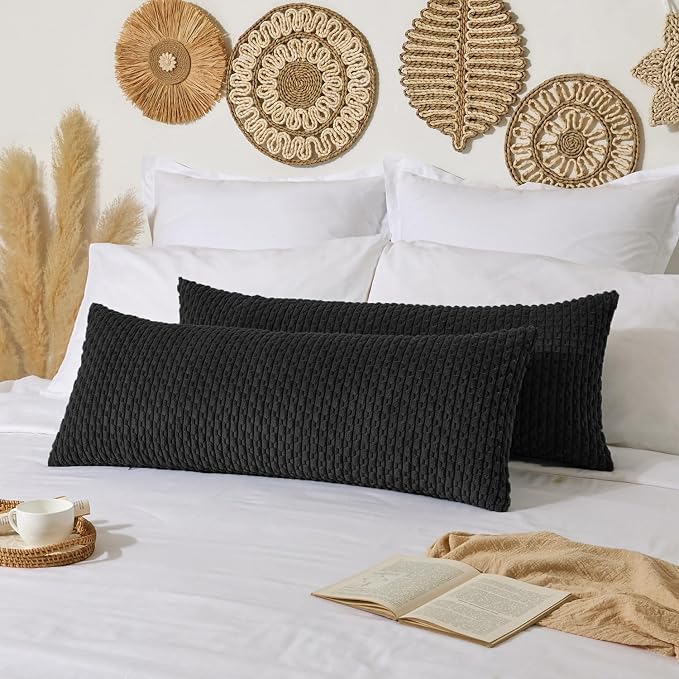 Kevin Textile Soft Corduroy 20"x54" Body Pillow Cover 1 Pack, Black | Boho Stripe Plush Corduroy Decorative Oblong Cushion Cover Modern Farmhouse Home Decor for Sofa Couch Bed Chair