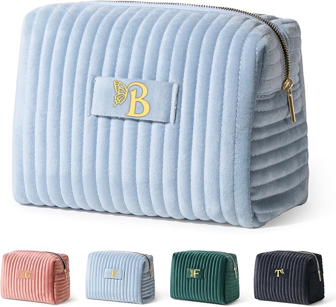 COSHAYSOO Gifts for Women Anniversary Wife Girlfriend Aunt Her Birthday Present Travel Size Makeup Bag Quilted Make Up Cosmetic Pouch Skin Care Essentials Organizer Blue Velvet Initial Letter B