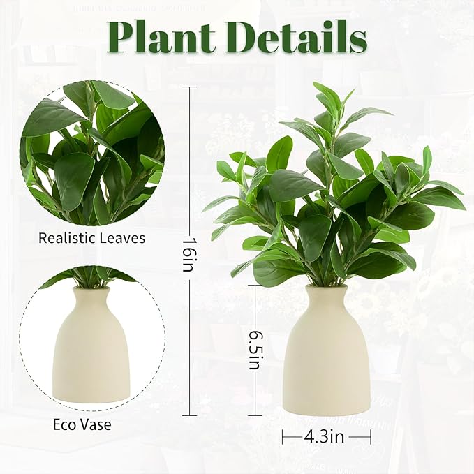16" Artificial Eucalyptus Stems Potted Plant Indoor Fake Plants | Realistic Greenery with Vase, Small Artificial Office Desk Plants in Pots for Home Decor Weddings Centerpieces