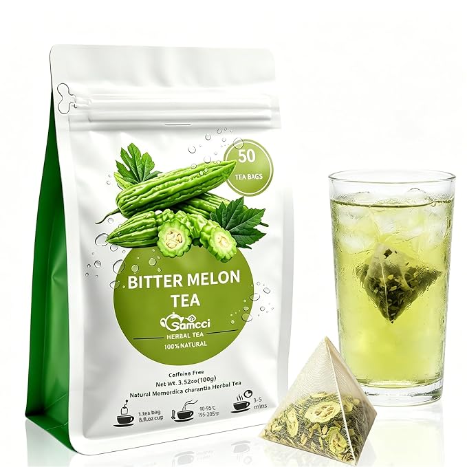 Samcci - Bitter Melon Tea Bags - 50 Count (2g Per Bag) - 100% Pure Natural Cut & Sifted Dried Momordica Charantia Slices - Non-GMO & Caffeine-Free - Plant-Based Corn Fiber Mesh Bags - Refreshing Herbal Tea