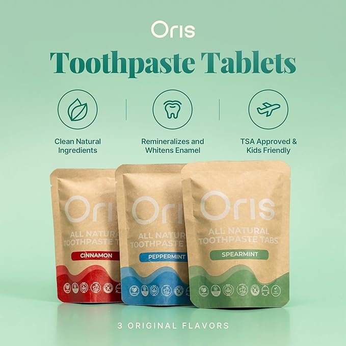 Oris Natural Toothpaste Tablets hydroxyapatite - Fluoride-Free Chewable Toothpaste Tablets for Enamel Repair, Travel-Friendly & Eco-Friendly tabs - 62ct (Cinnamon)
