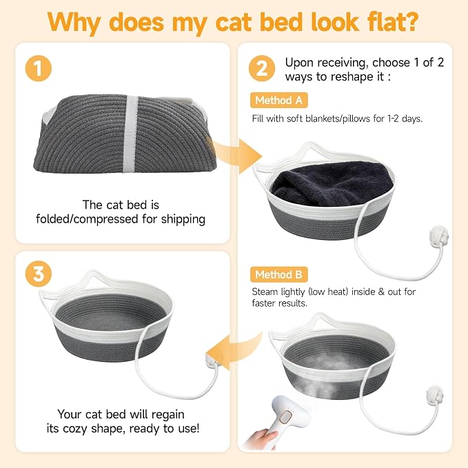 Cotton Rope Woven Cat Bed Basket, Cat Beds for Indoor Cats | Hand woven pet bed with toy tail, fits indoor cats, small puppies & rabbits, soft woven sofa sleeping basket for small pets