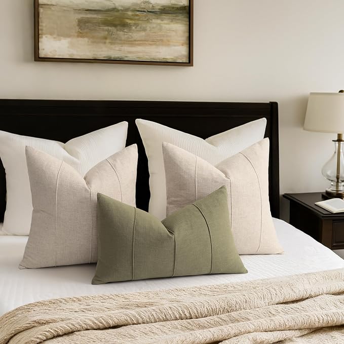 Decorative Linen Throw Pillow Covers 22x22 Set of 2 Solid handcrafted Striped Throw Pillows for Bed Soft Modern Farmhouse Neutral Pillowcase for Couch Bedroom Living Room Home Decor(Natural Beige)