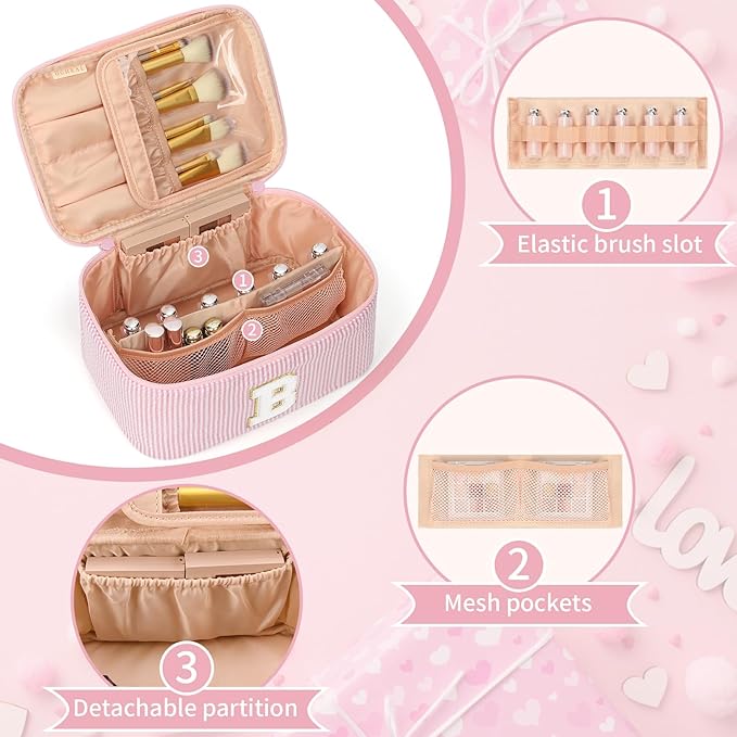 OCHEAL Makeup Bag Valentines Day Gifts for Women, Monogram Cosmetic Bag Pink Travel Makeup Case Beauty Toiletry Bag Organizer Personalized Gifts for Girls Bridesmaid, Sister, Wife, Friends Initial B