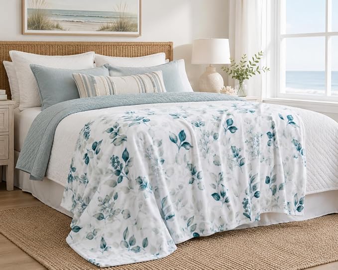Throw Blanket: Velvelty Soft, Durable Fleece Accent for Bed or Couch (Teal and Gray Berries, 50 x 70 inches)