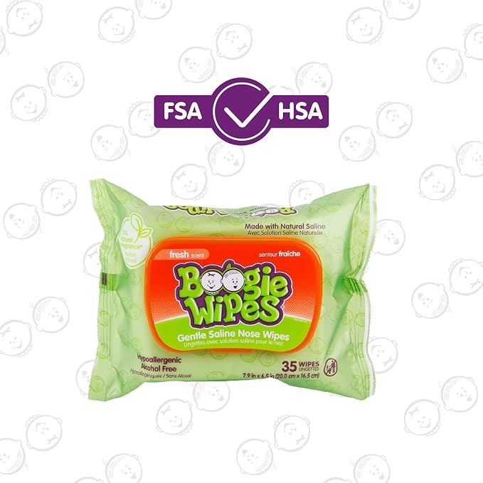 Boogie Wipes Saline Nose Wipes - 180 Count - Fresh Scent, Hypoallergenic & Alcohol-Free - Allergy Relief - Made with Natural Saline, Aloe, Chamomile & Vitamin E - Diaper Bag Essential