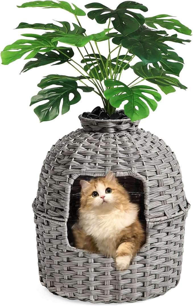 SETVSON Cat Litter Box Plant Enclosure, Hidden PE Rattan Litter Box, Gray | Decorative Planter Design, Handwoven Washable PE Rattan, Removable Top with Artificial Plant & Stones Included, Easy Cleaning