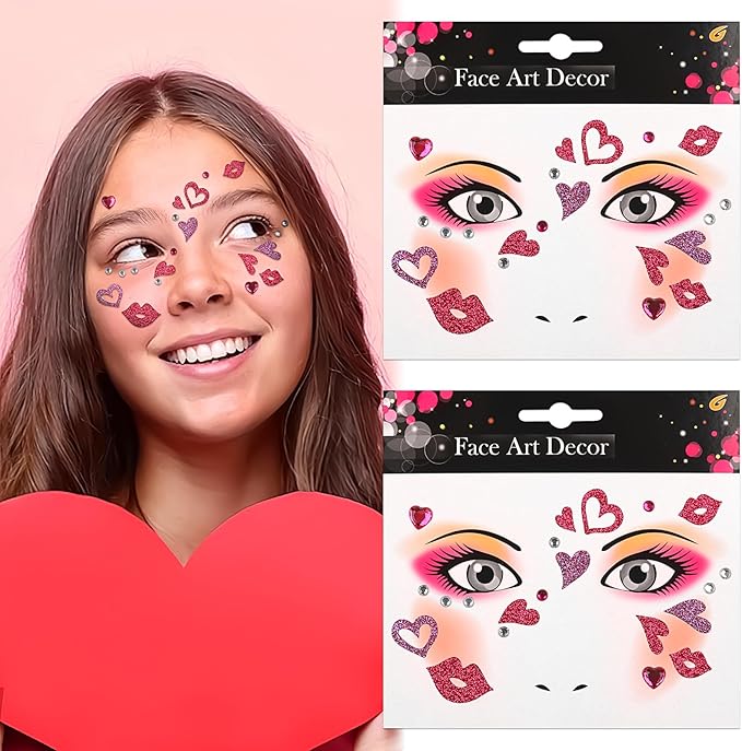 Valentine Face Gems Face Jewels Stickers Red Love Heart Lip Self Adhesive Eye Body Face Nail Hair Crystal Rhinestones for Makeup Festival Glitter Face Art Decor 2Sheets (style3)