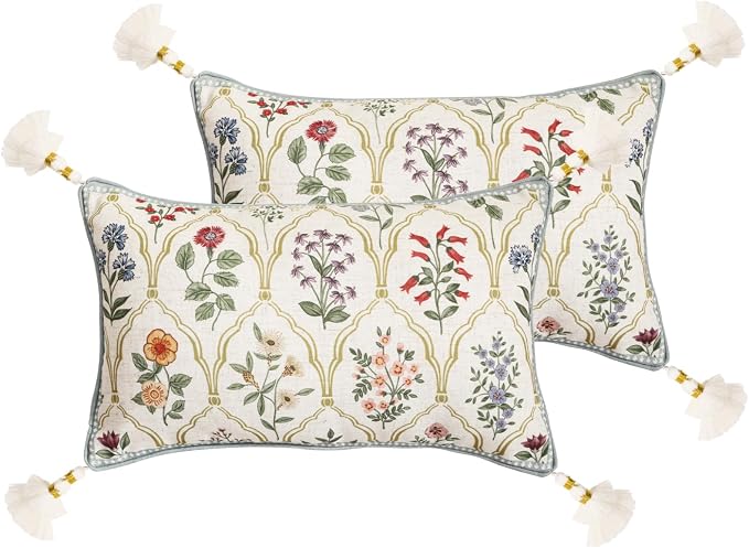 Designer Linen Throw Pillow Cover,Set of 2,20"x12"-Serenity B | French Elegant Rectangle Decor Pillow Cover,Concealed Zipper Design,Colorful Floral Pattern,Sofa,Bedroom,Living Room,Chair
