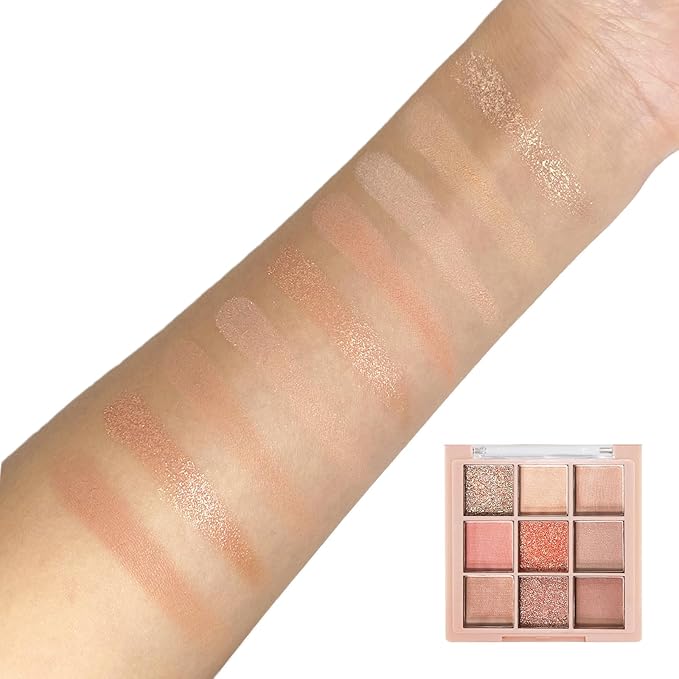 9 Colors Glitter Matte Eyeshadow Palette, Golden Peach Brown Shimmer Eye Shadow Makeup, Nude Pink Eye Makeup, Sparkly Metallic Eyeshadow Pallet #02 Peach Pink Neutral