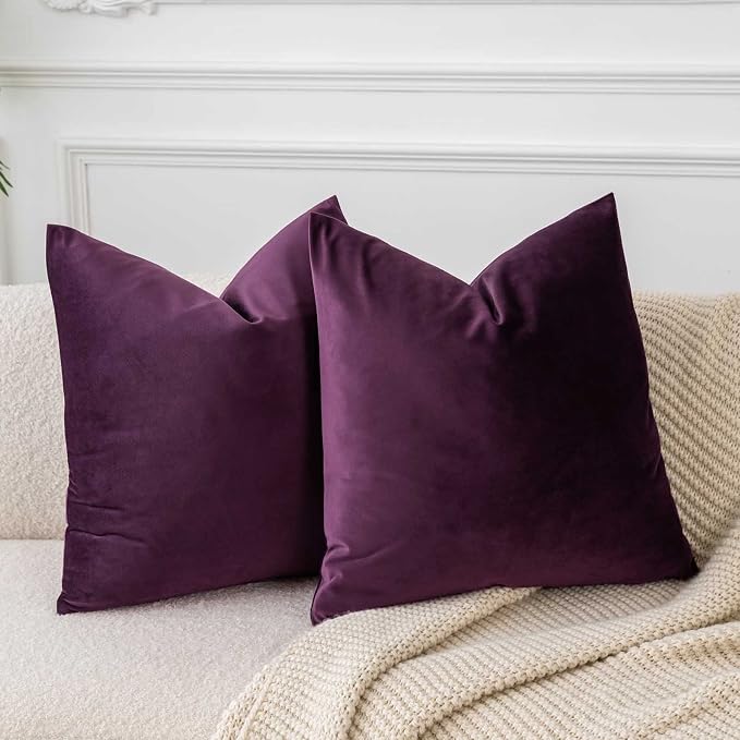 Throw Pillow Covers 18x18 Set of 2 for Couch Bed Sofa,Eggplant Purple | Decorative Velvet Pillow Covers with Invisible zipper for Modern Living Room Bedroom Home Decor