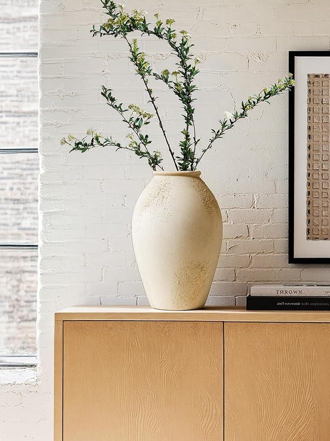 LE TAUCI Ceramic Flower Vase, 13.2 Inch Large Rustic Farmhouse Vase, Tall Floor Vase for Home Decor, Living Room Table & Mantel Centerpiece, Watertight & Sturdy, Matte Sandy Beige White