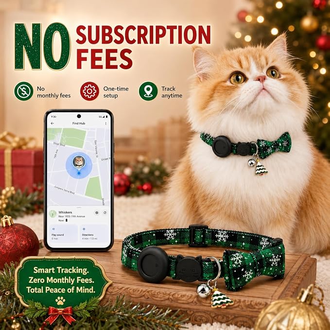 Cat Tracker GPS for Android, Pet GPS Tracker Collar for Cats No Subscription, IP67 Waterproof Cat Collar with Tracker Compatible with Google Find Hub – Replaceable 1-Year Battery, Android Only (Green)