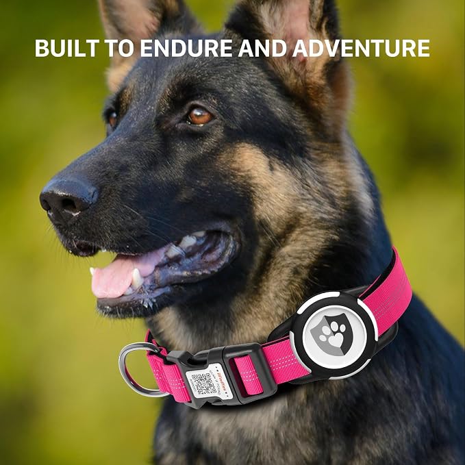 Waterproof AirTag Dog Collar with QR Code Dog Tag, Rose Red XS | IP68 waterproof, QR code dog tag, Anti-Lost, Online profile, fits XS-L (8"-26"), Padded nylon, Reflective, No App, No Fees