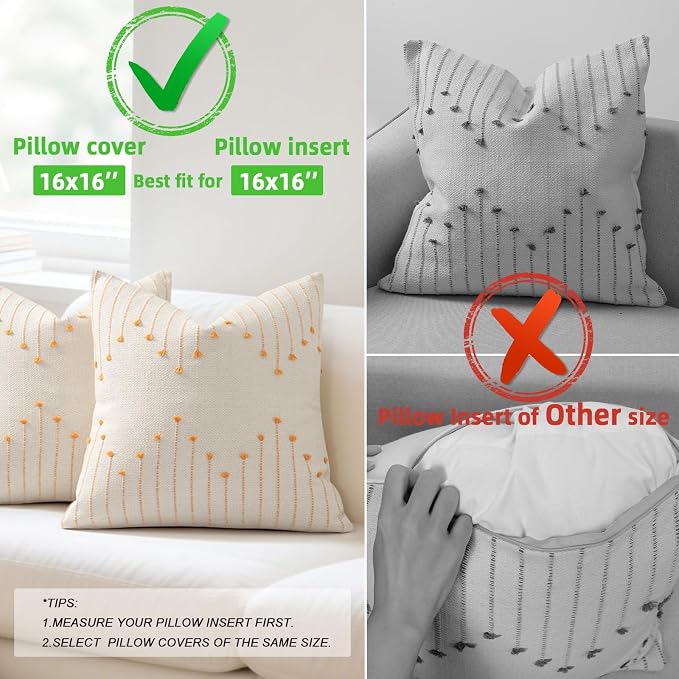 Boho Outdoor Throw Pillow Covers 16x16 Set of 2 Neutral Woven Decorative Pillowcases Cotton Tufted Couch Pillows Farmhouse Cushion Covers for Sofa Couch Bed Living Room Home Decor, Golden Yellow