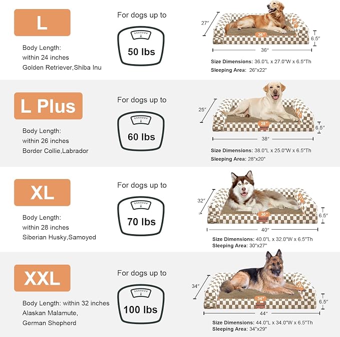 Orthopedic Dog Bed for Large Dogs, 36 x 27 Inch, Brown Grid | Egg crate foam for joint support, 3-sided bolster pet sofa, waterproof lining, washable cover, and non-skid base