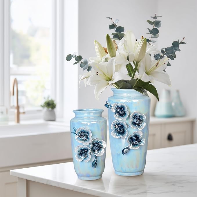 Blue Ceramic Vase 9 Inch - Modern Decorative Flower Vase for Centerpiece, Kitchen Table Living Room Home Decor