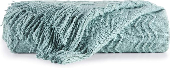 BOURINA Aqua Throw Blanket 50x60 Inch Boho Knitted Soft Throw Sofa Blanket | Knitted Throw Blanket 50x60 Inches, Soft Lightweight Boho Weave Throw Decorative Couch Blanket for Living Room Bedroom Chair