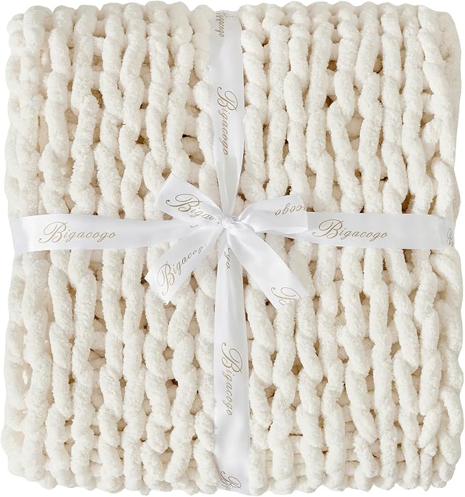 Bigacogo Chunky Knit Throw Blanket for Couch, 60x80 inches, Vintage White | Hand Knit with Jumbo Chenille, Soft Breathable Cable Knit for Sofa Bed Living Room, Machine Washable, Gift for Mom Friend