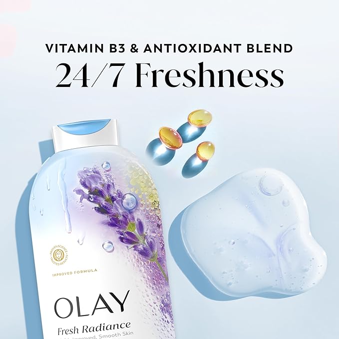 Olay Body Wash for Women, Fresh Radiance, 24/7 Skin-Loving Freshness, Visibly Radiant, Plant Based Cleansers, Vitamin B3 & Antioxidant Blend, For All Skin Types, Birch Water & Lavender Scent, 22 fl oz