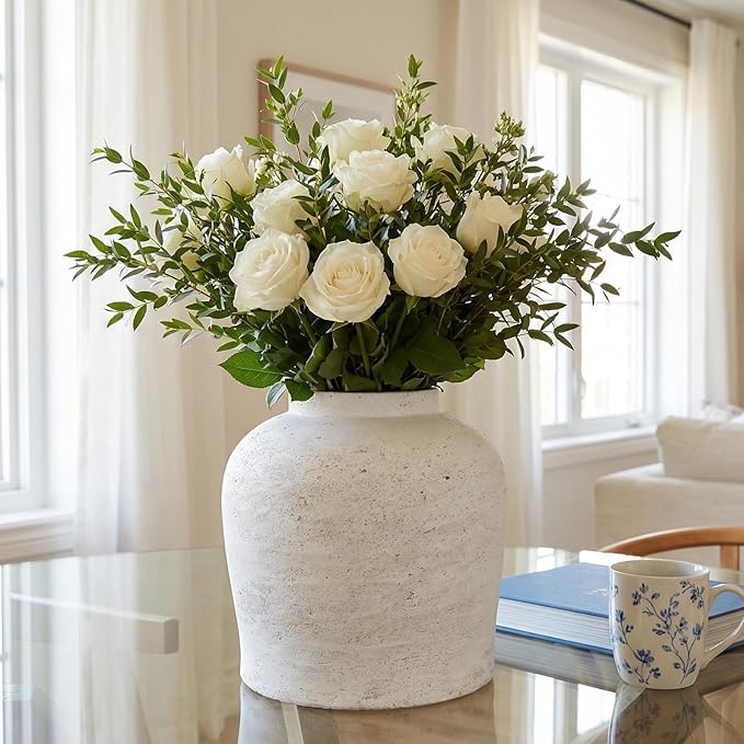 11.02" White Round Ceramic Vase, Modern Table Decor for Living Room Bedroom, Housewarming Gift